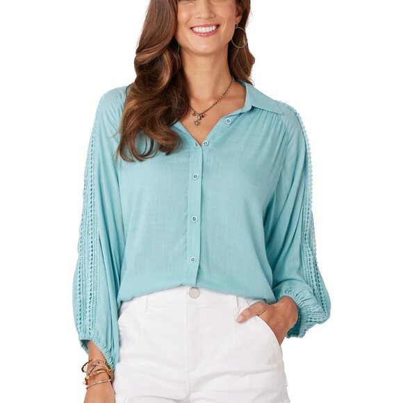 Democracy Shirt Size Small Button Front Lace Sleeve Aqua Blue Career Office NEW - Picture 1 of 8